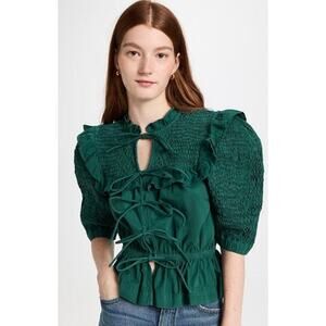 Sea New York Casey Top Smocked‎ Tie Front Puff Sleeves Ruffle Women's XXS Green